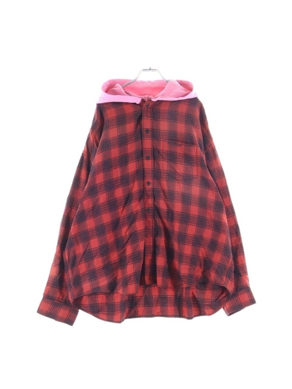 Balenciaga Hooded Check Shirt Distressed Long Sleeve Red Black Hoodie